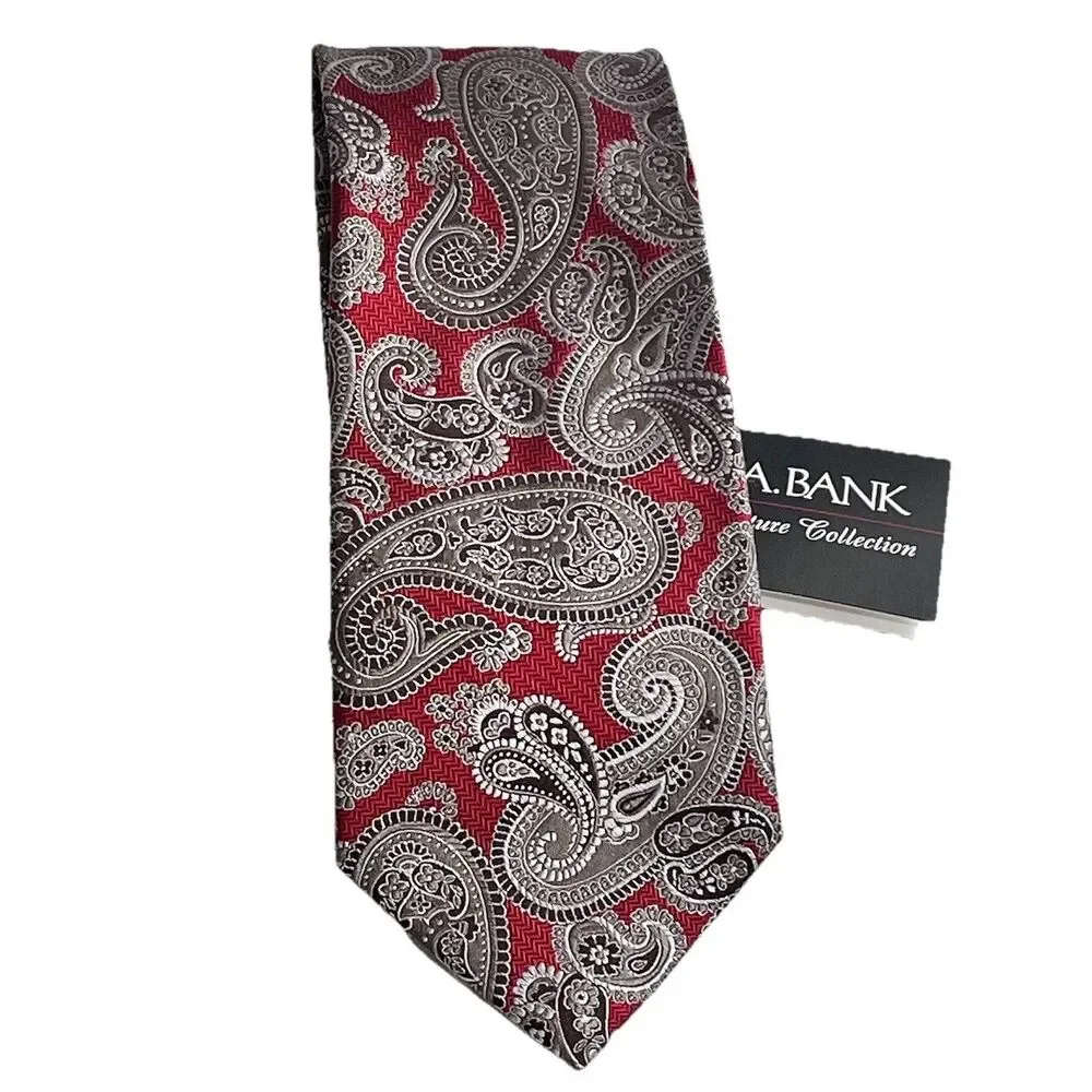 JOS. A. BANK Signature Collection Men's Silk Necktie Red Paisley 3.5”wide NWT - Picture 2 of 6